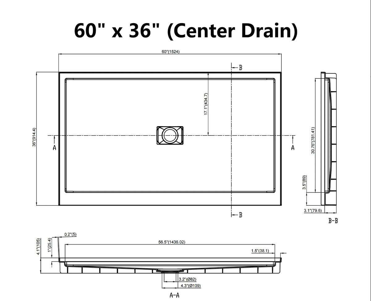 MCOCOD® Middle Drain with Edges Shower Base in SMC