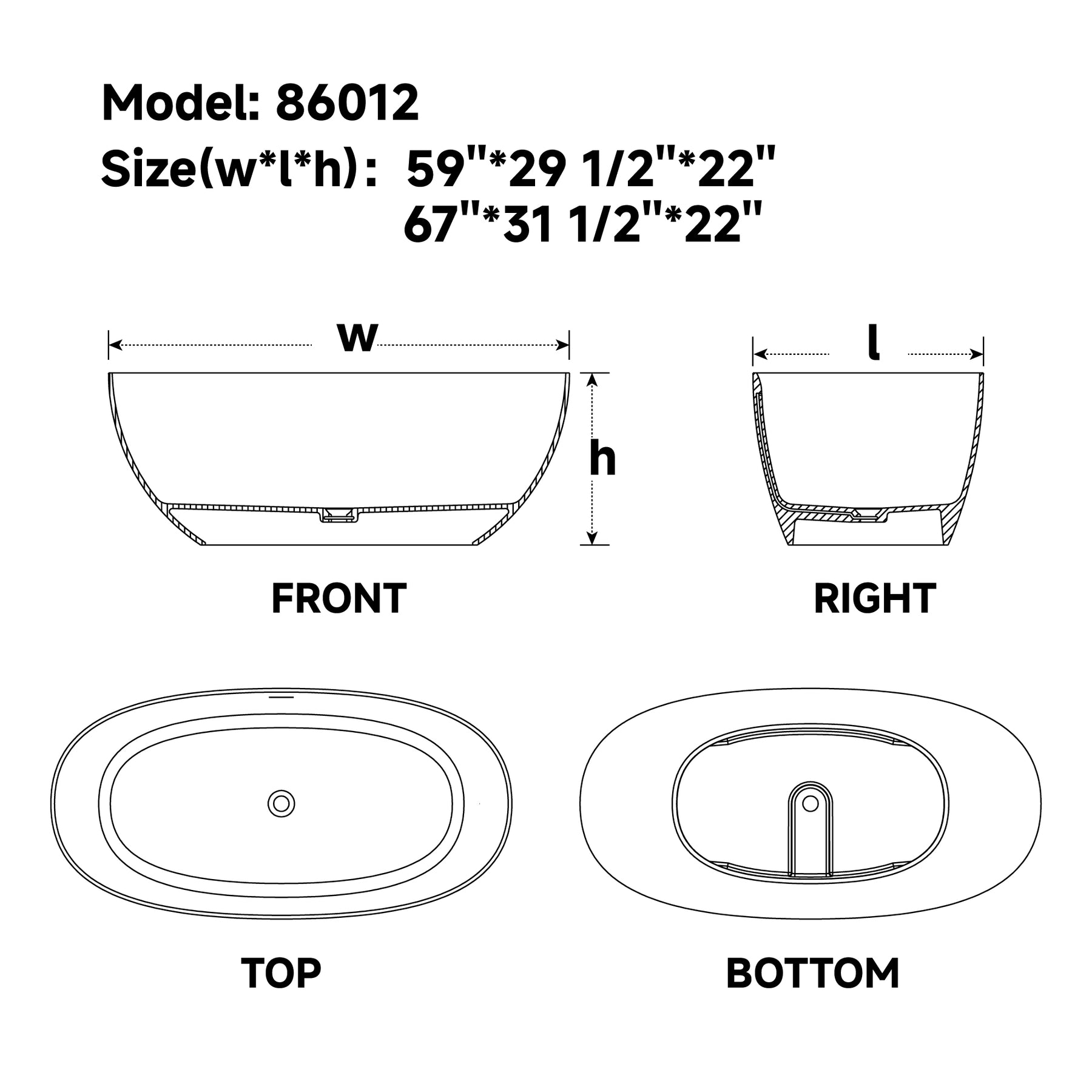 MCOCOD® Oval Acrylic Solid Surface Bathtub in Matt White Pure