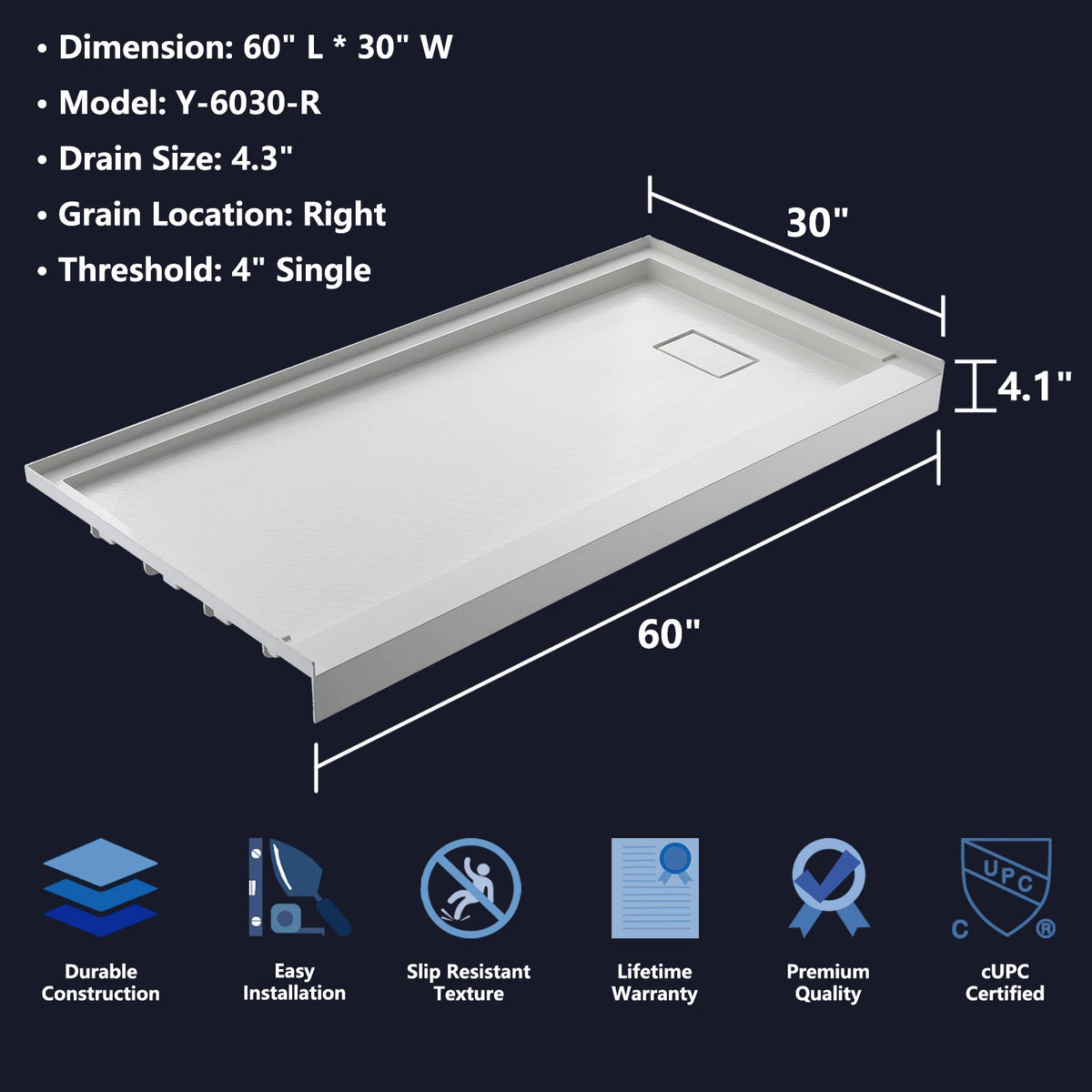 MCOCOD® Right Drain with Edges Shower Base in SMC