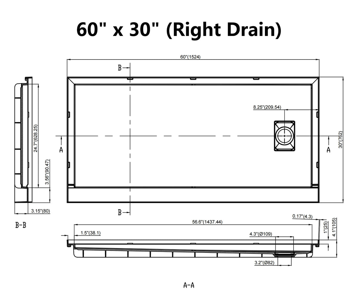 MCOCOD® Right Drain with Edges Shower Base in SMC