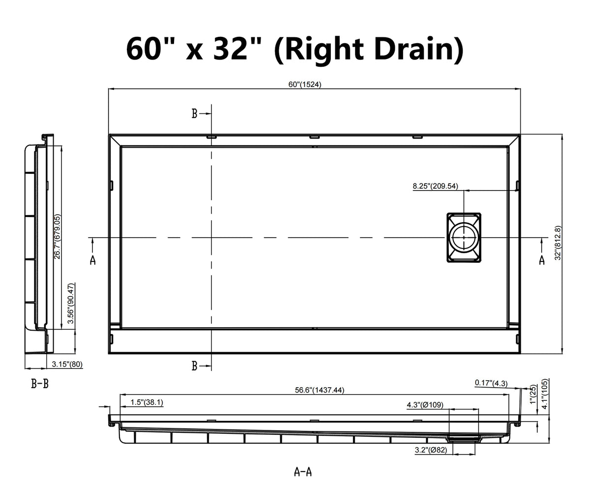 MCOCOD® Right Drain with Edges Shower Base in SMC