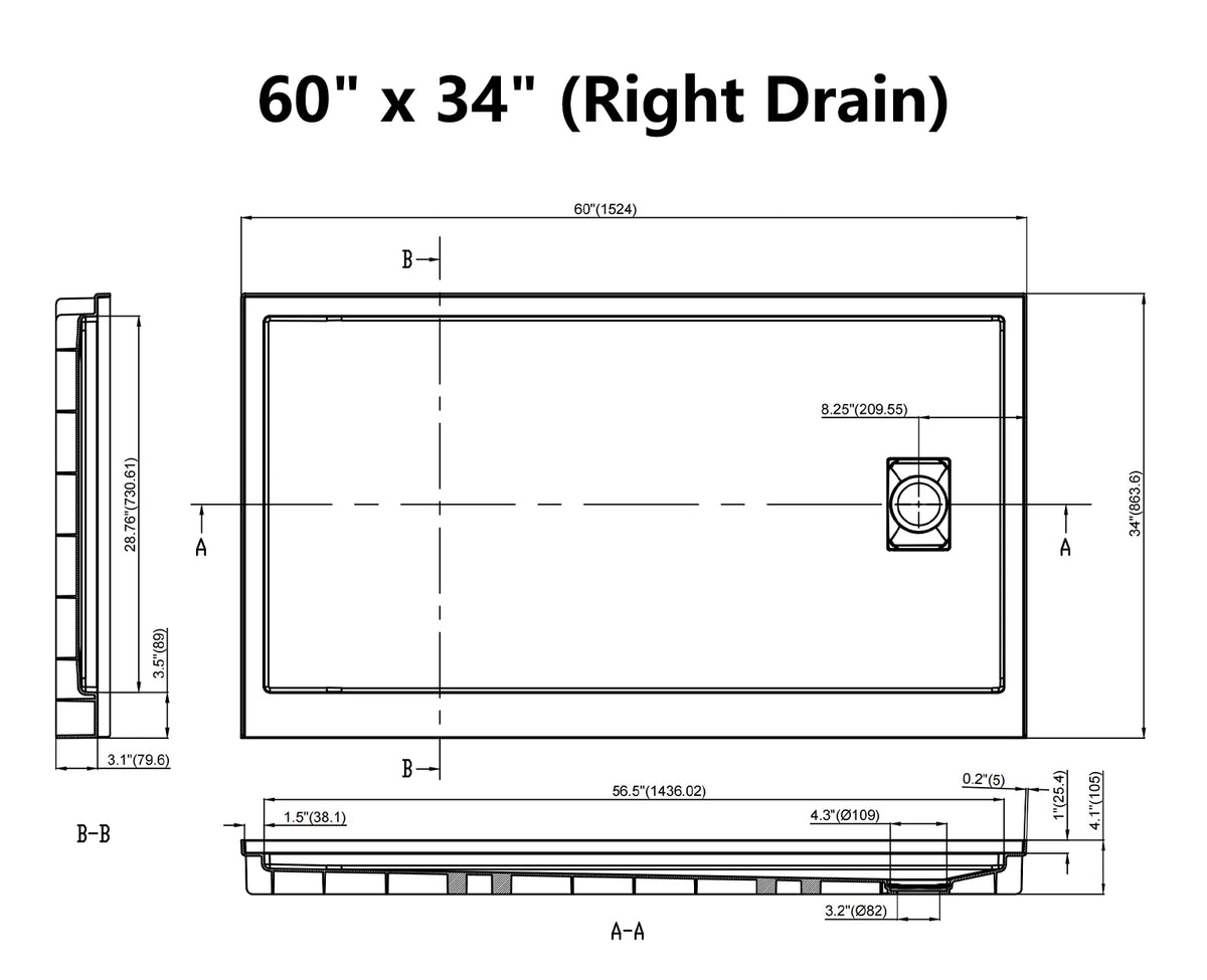 MCOCOD® Right Drain with Edges Shower Base in SMC