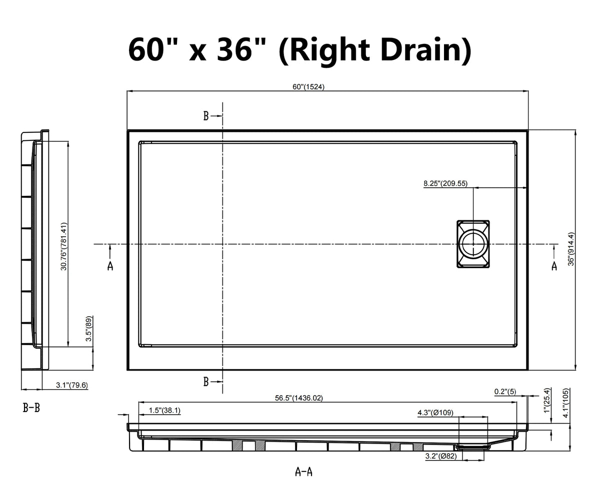 MCOCOD® Right Drain with Edges Shower Base in SMC
