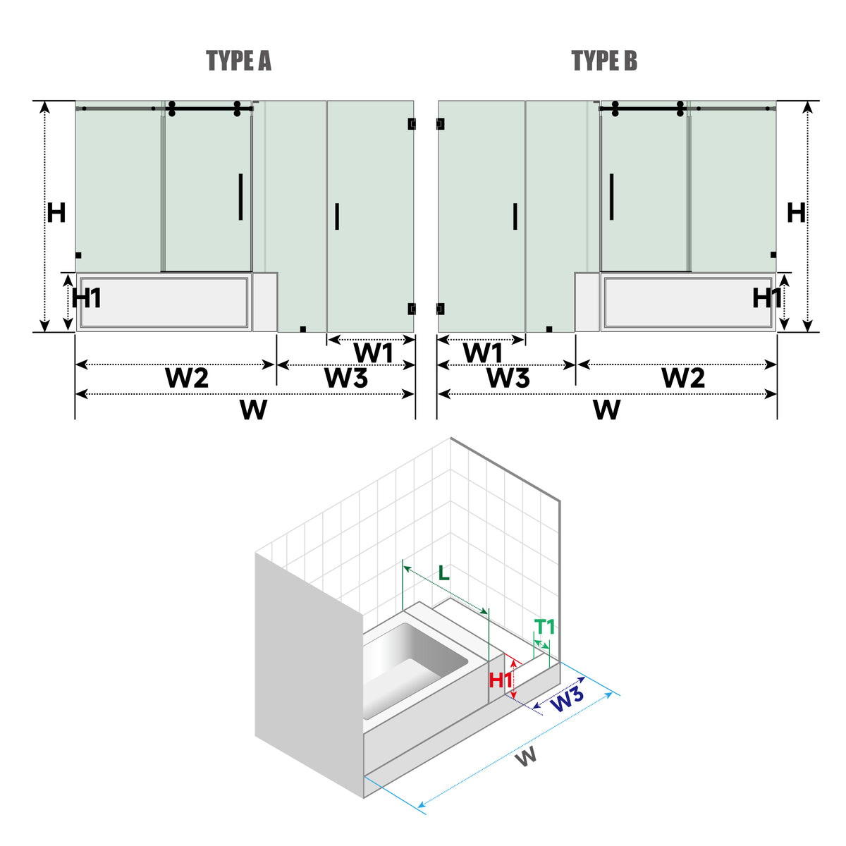 Customize Large Openings Spaces SS04+H06-04 for Single Sliding Bathtub Shower Door and Frameless Swing Glass – dimensions