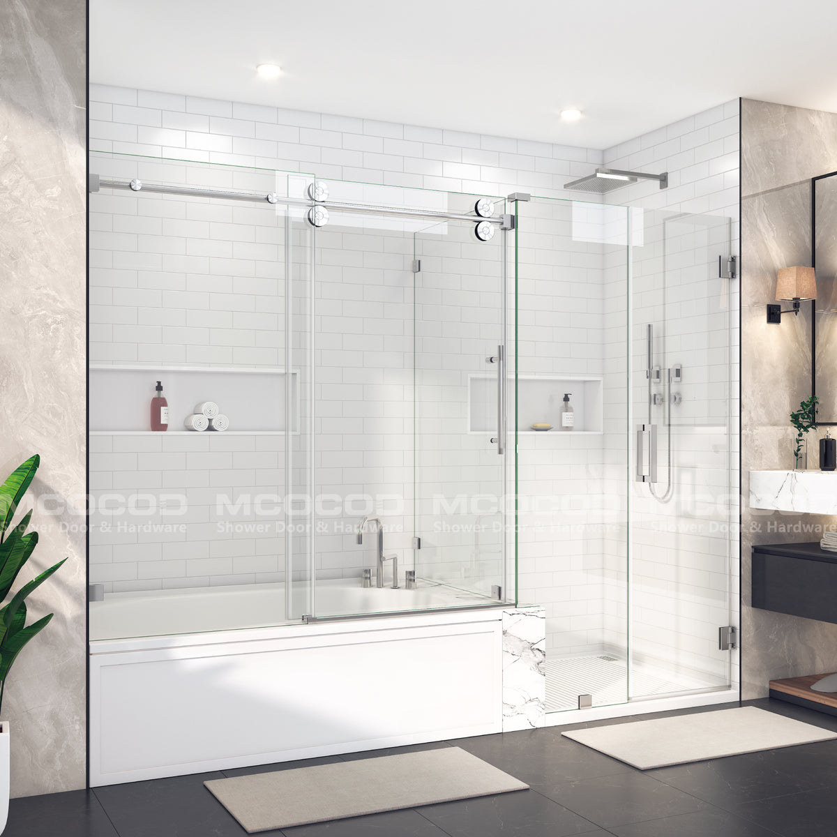 Customize Large Openings Spaces SS04+H06-04 for Single Sliding Bathtub Shower Door and Frameless Swing Glass Door