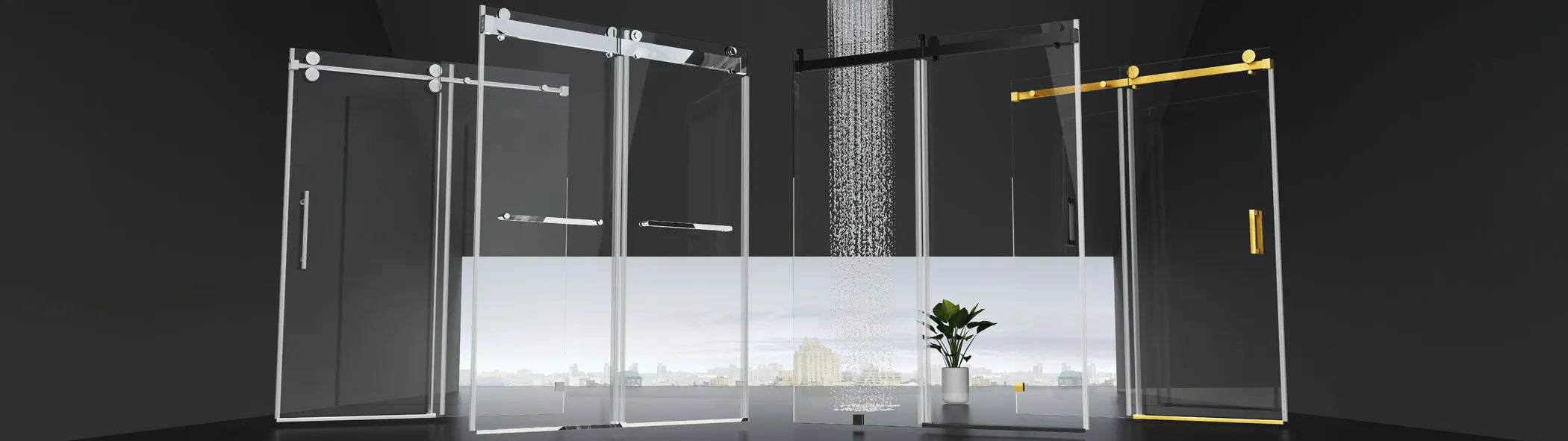Modern glass shower doors and sliding bath enclosures displayed in a minimalist showroom setting with a small potted plant in the center.