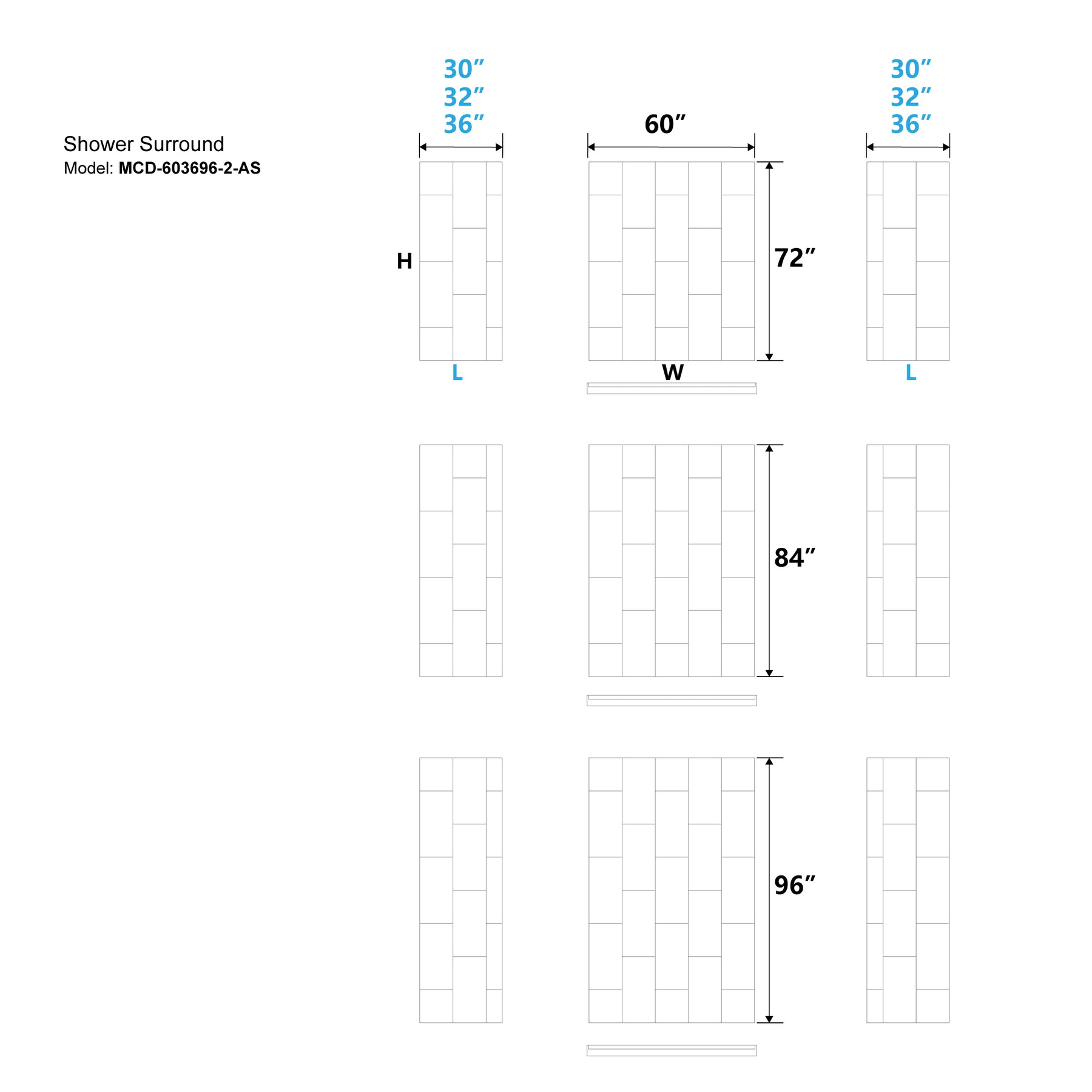 MCOCOD® Three Piece Glue Up Shower Surrounds Vertical Big Rectangle in White Acrylic Solid Surface
