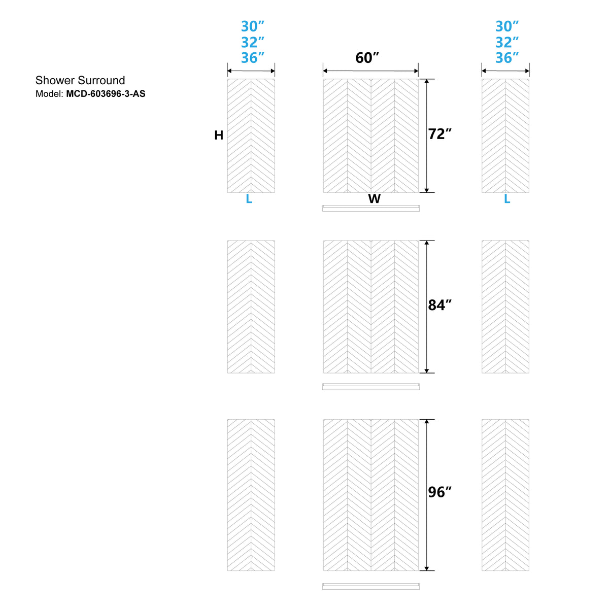 MCOCOD® Three Piece Glue Up Herringbone Tile Shower Wall Panels Surround in Bright White