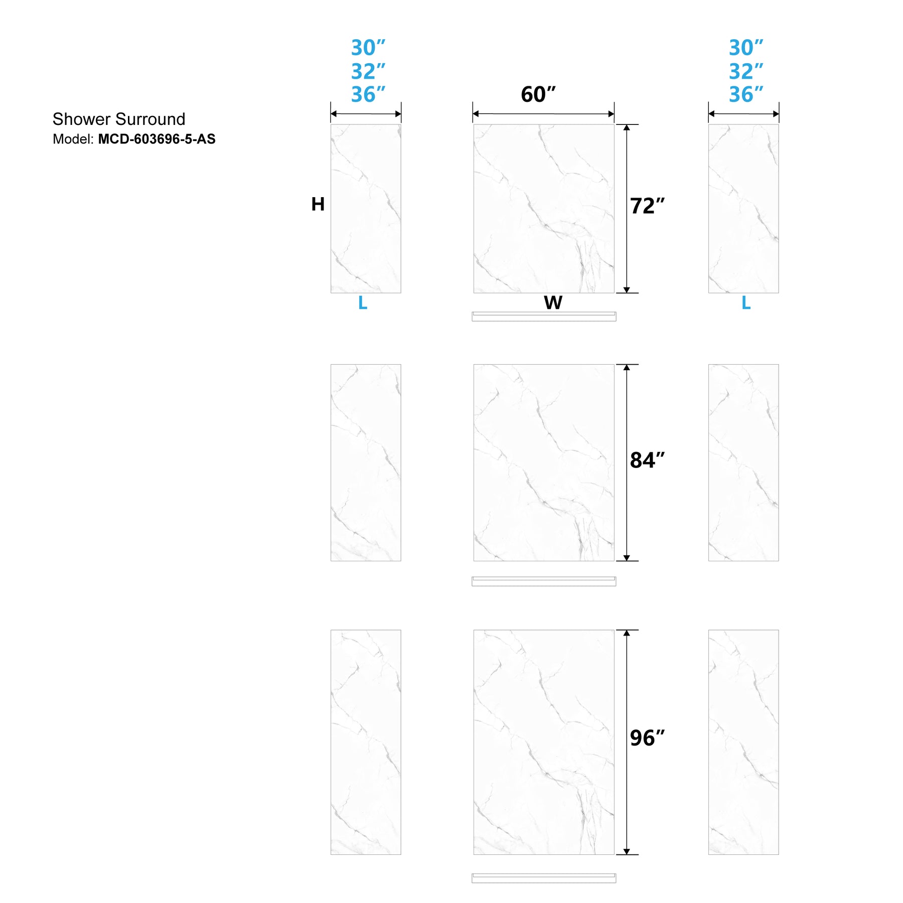 MCOCOD® Three Piece Glue Up Marble Shower Wall Panels Surround in White Acrylic Solid Surface