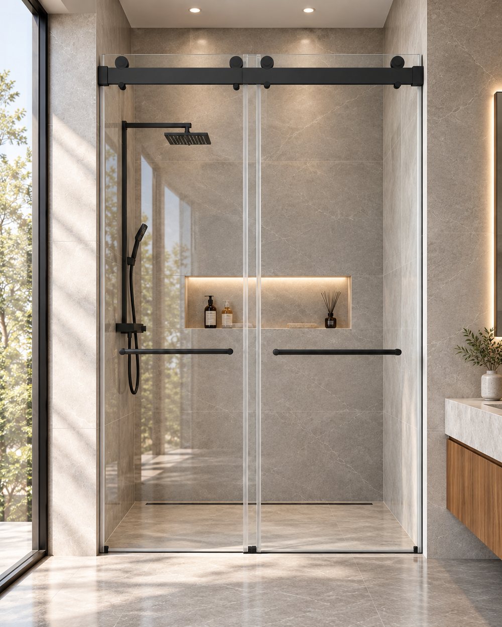 A made-to-size DS13 frameless sliding shower door, clear glass on the left and frosted glass film on the right