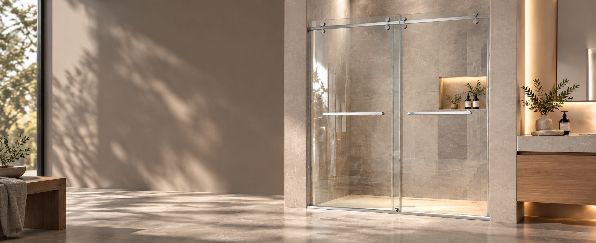 MCOCOD frameless sliding shower doors in four hardware finishes